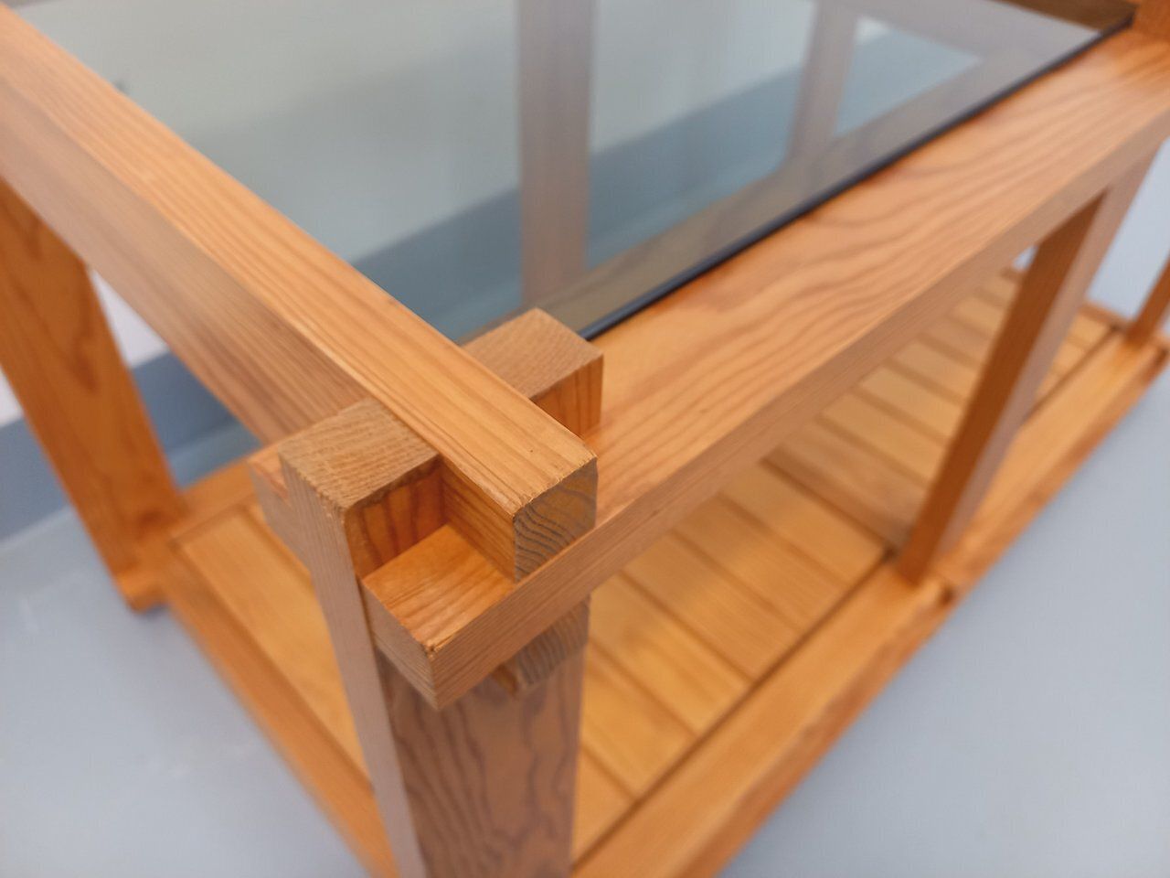 Rectangular Coffee Table From The 1970s In Pine And Smoked Glass photo vinterior