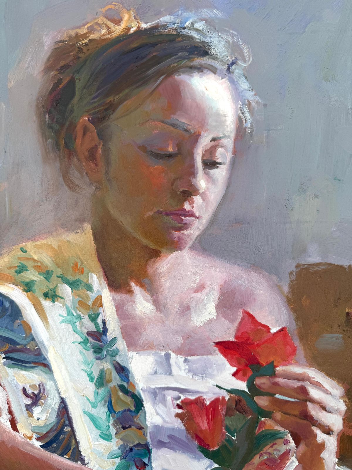 Francisco Sanchis Cortés Woman With Red Flower Oil On Canvas Painting photo Art
