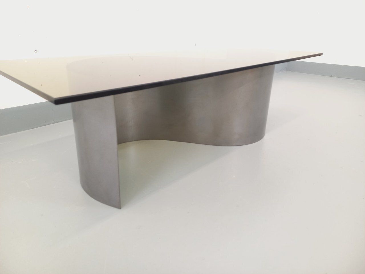 Rectangular Space Age Coffee Table From The 1970s, Made Of Steel And Smoked Glass photo vintage