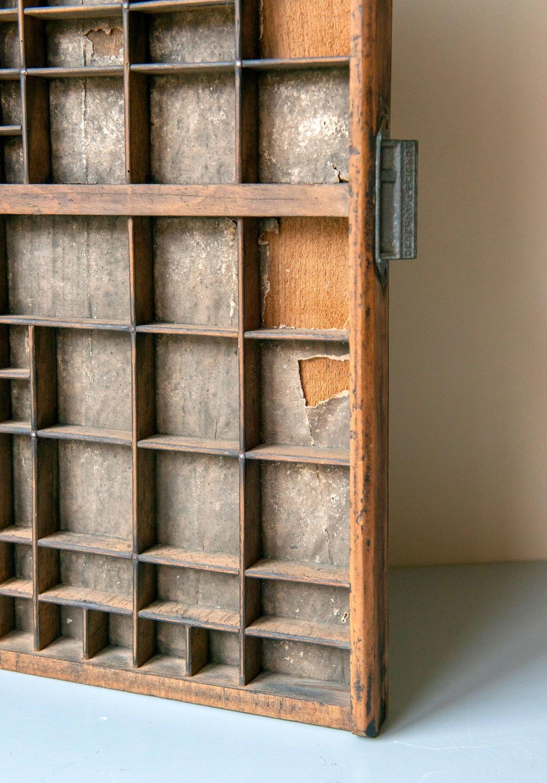 Furniture Antique French Letterpress Tray By Deberny & Peignot – Wooden Type Case With Metal Handle photo