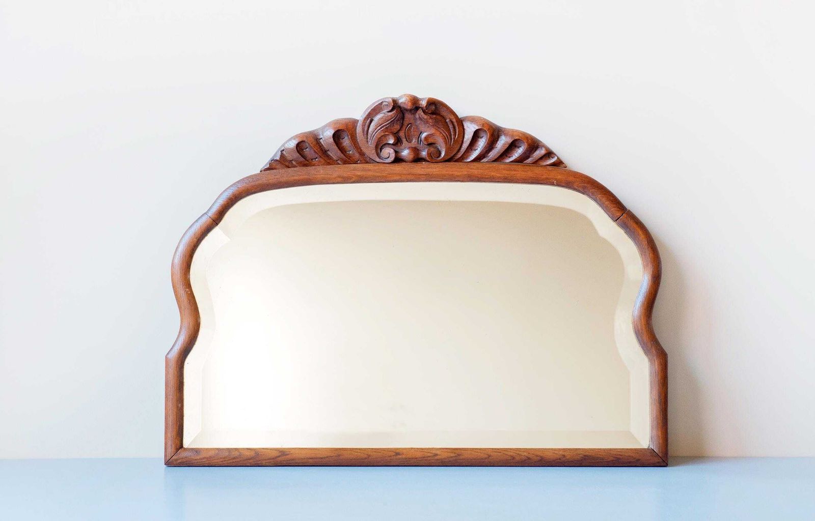 Large Antique Wooden Mantel Mirror – Scalloped Frame With Carved Crest – Beveled Glass – Victorian Style photo furniture
