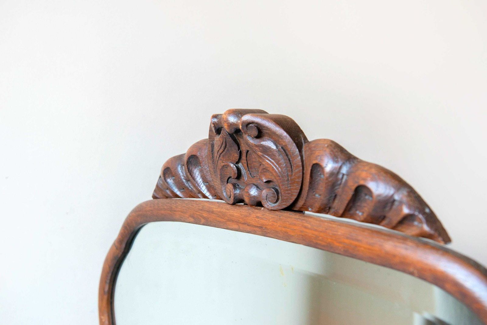 Large Antique Wooden Mantel Mirror – Scalloped Frame With Carved Crest – Beveled Glass – Victorian Style photo for sale