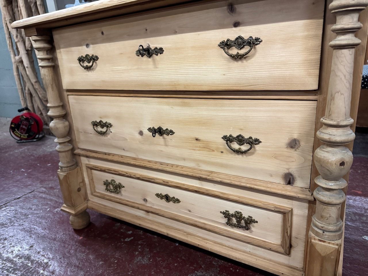 Beautiful Antique Pine 3 Drawer Decorative Pillared Chest Of Drawers photo Furniture