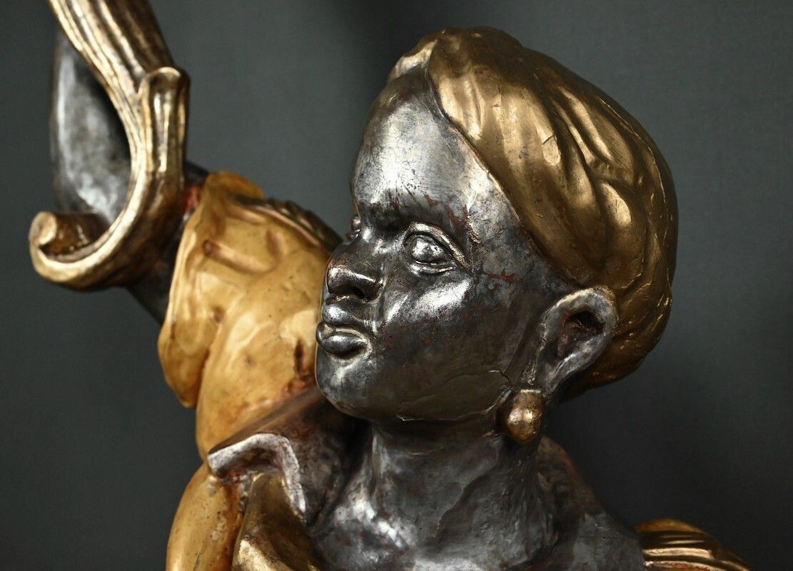 photo vinterior Nubian Torch Holder In Polychrome Wood, Venetian Style – First Half Of The 20th Century