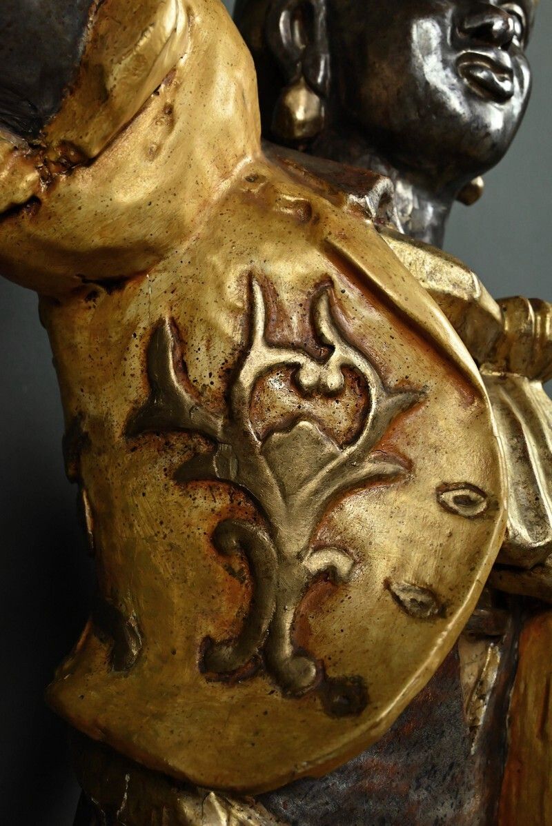 photo vintage Nubian Torch Holder In Polychrome Wood, Venetian Style – First Half Of The 20th Century