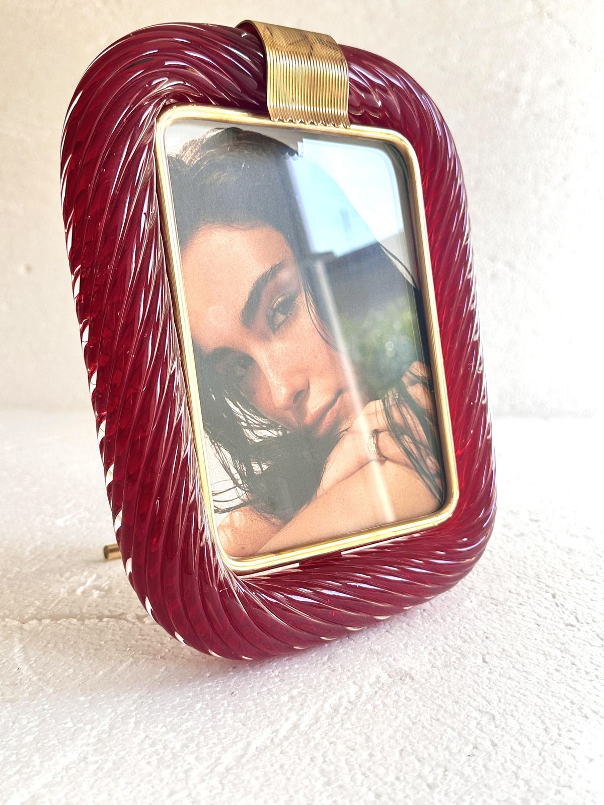 Venetian Red “Torchon” Murano Glass Picture Frame And Unaquered Brass In Barovier Style. photo furniture