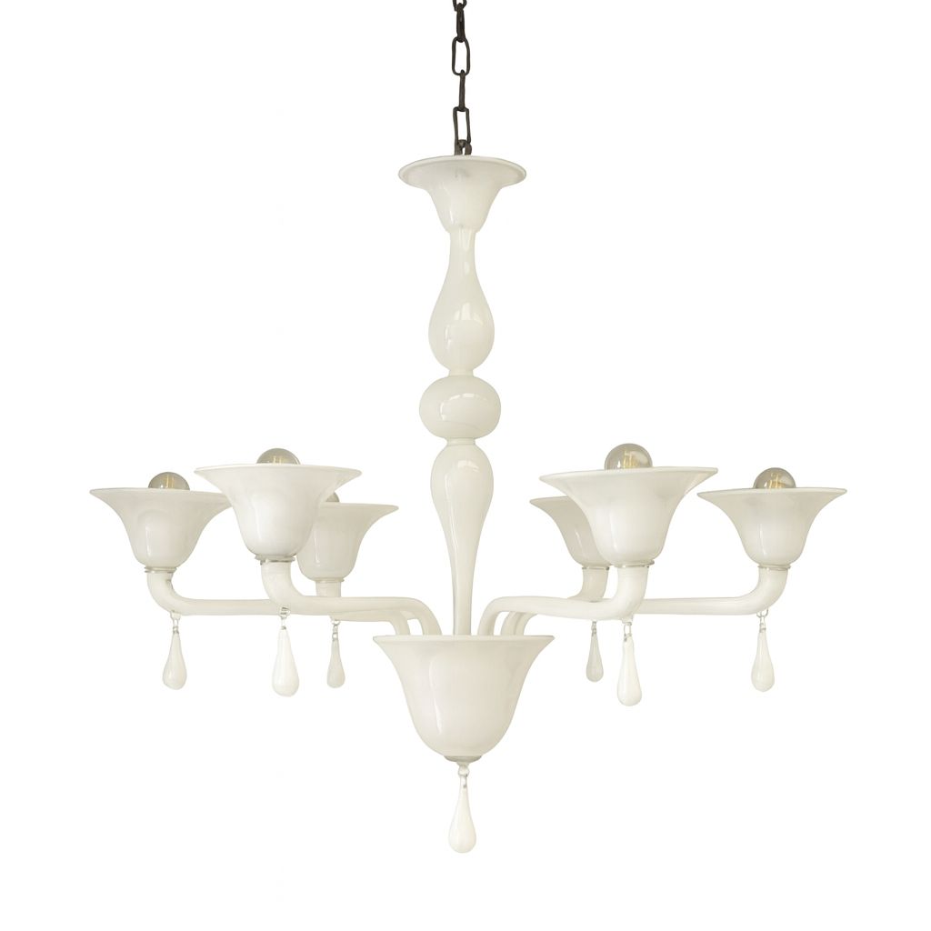 Contemporary Italian 6 Arms White Murano Glass Chandelier photo vintage