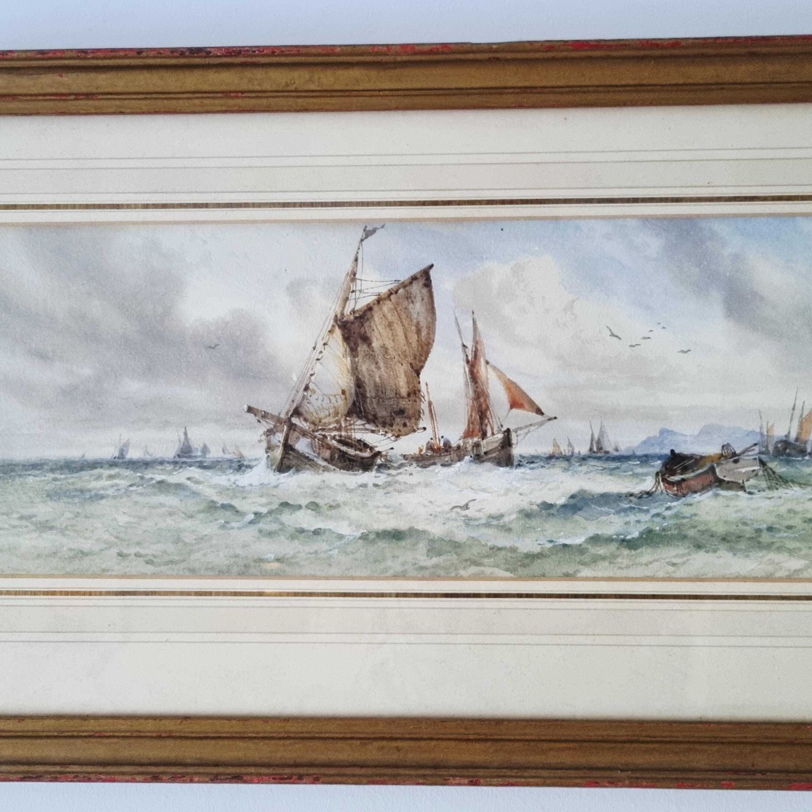 Original Antique Watercolour Depicting Tall Ships By W Stewart photo for sale