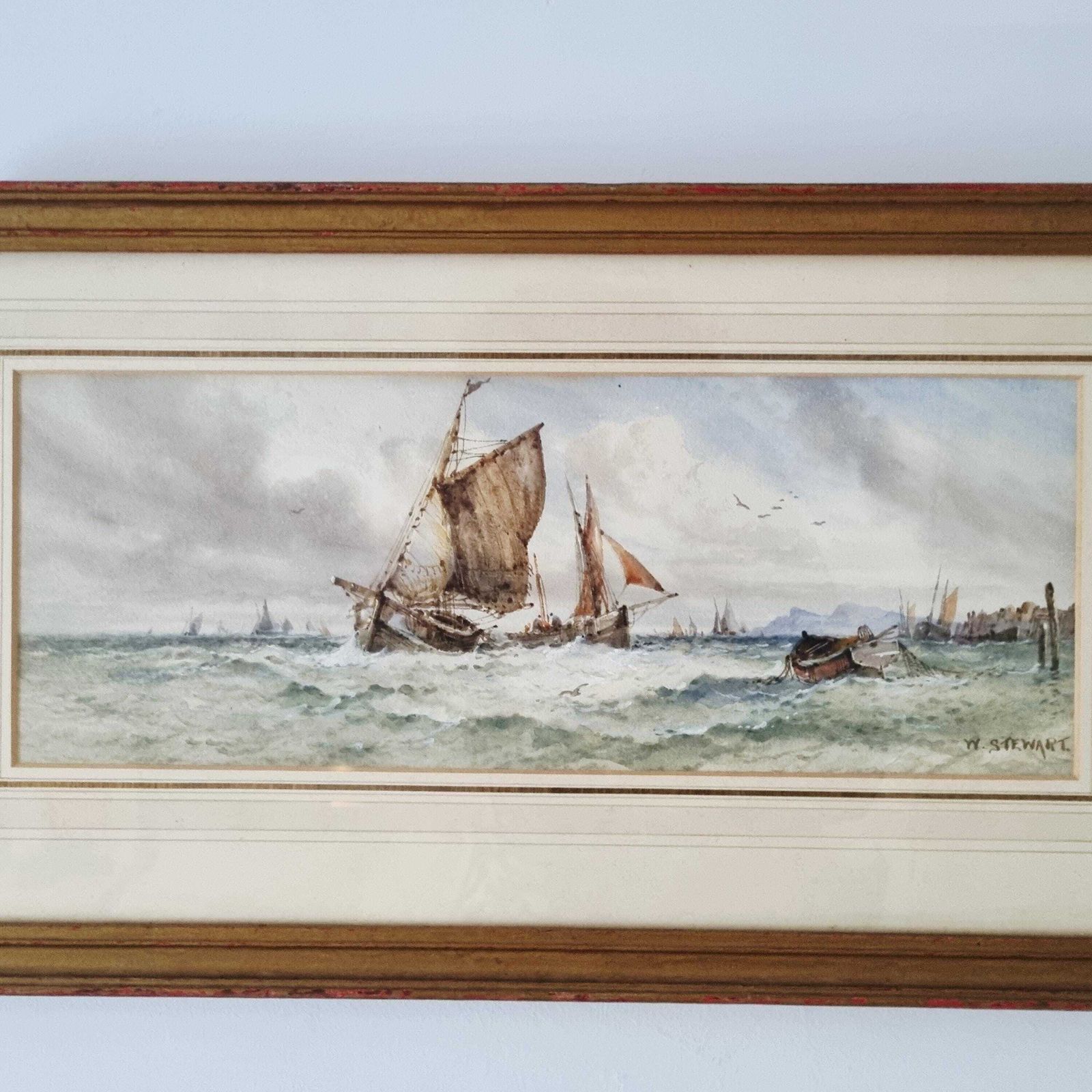 photo furniture Original Antique Watercolour Depicting Tall Ships By W Stewart