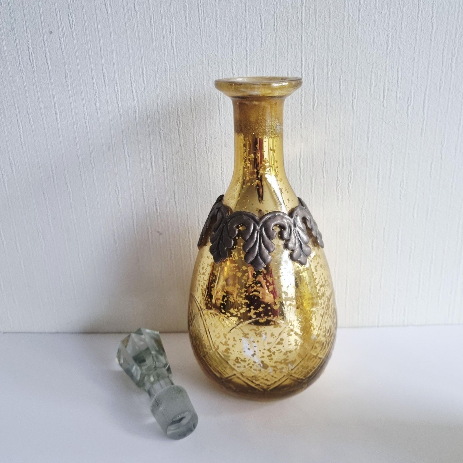 Pair Of Large Vintage Gold Crackle Glass Wine/Spirit Decanters photo for sale