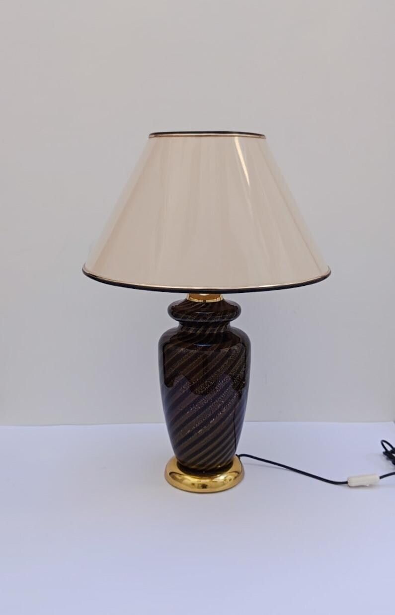 Elegant Black Murano Glass Table Lamp With Gold Leaf, Designed By Tommaso Barbi In The 1970s.