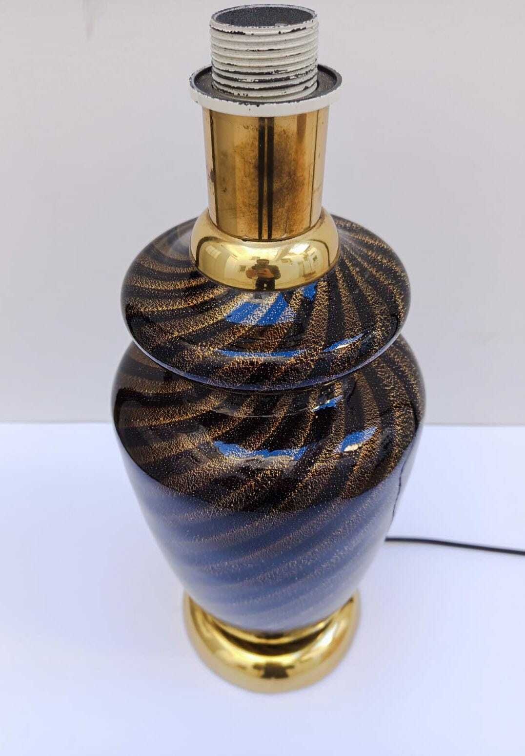 Elegant Black Murano Glass Table Lamp With Gold Leaf, Designed By Tommaso Barbi In The 1970s. photo Lighting