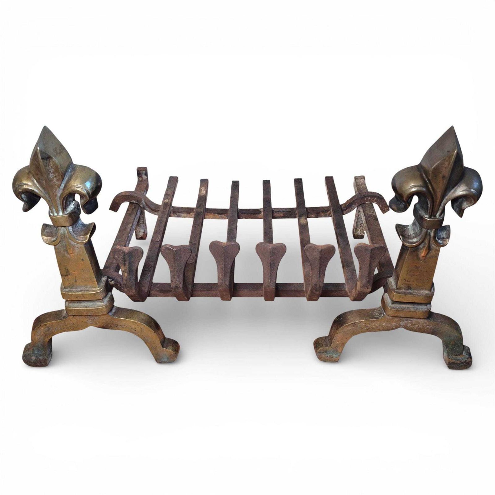 Antique Brass & Iron Fire Grate With Fleur De Lis Finials | Victorian Fireplace Basket photo Home Fixtures