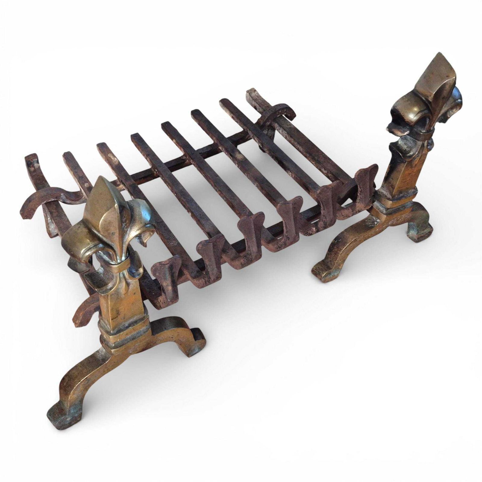 Antique Brass & Iron Fire Grate With Fleur De Lis Finials | Victorian Fireplace Basket photo buy