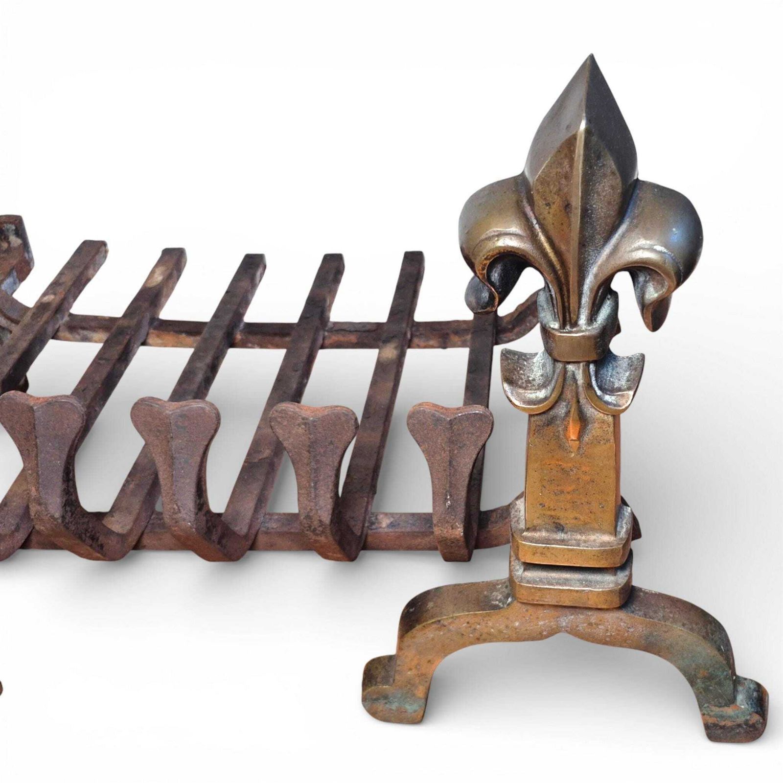 Antique Brass & Iron Fire Grate With Fleur De Lis Finials | Victorian Fireplace Basket photo vintage