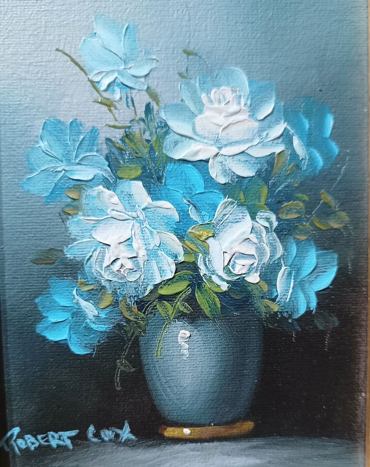 Vintage Floral Oil Painting,Still Life Study Blue White Impasto Flowers Signed Robert Cox ,Gold Gilded Frame. photo for sale