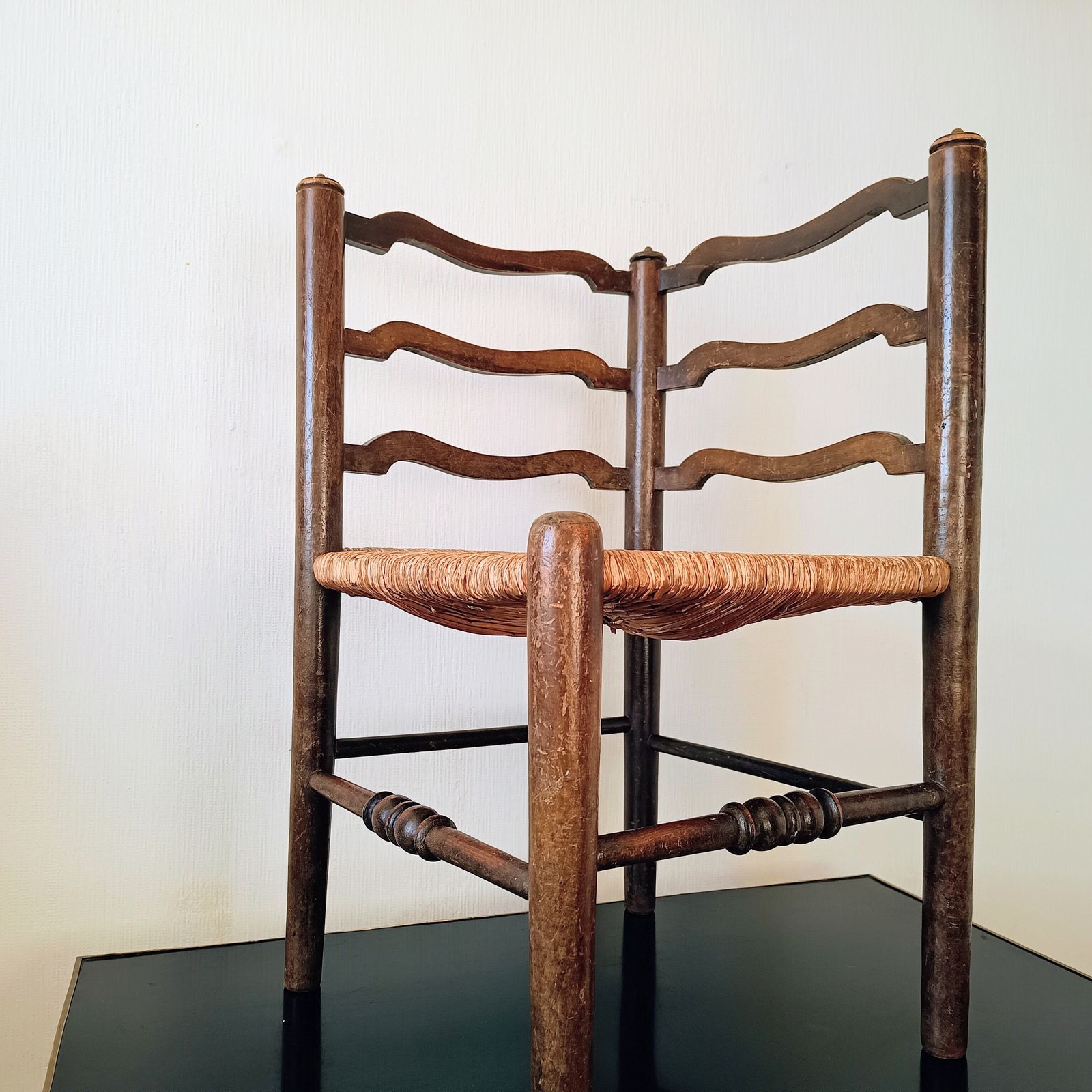 Lancashire Arts & Crafts Small Hall Chair, Serpentine Ladder Back Rush Seat, C.1900 photo furniture