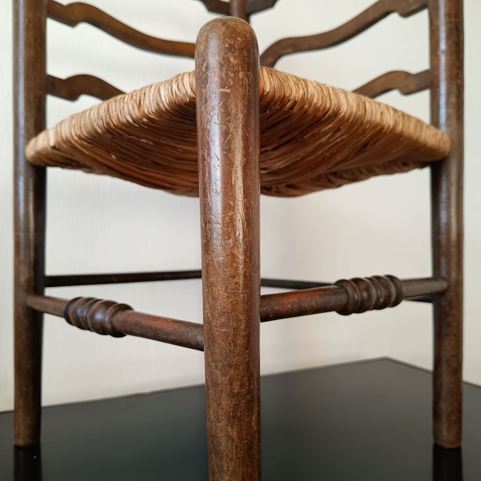 Lancashire Arts & Crafts Small Hall Chair, Serpentine Ladder Back Rush Seat, C.1900 photo vintage