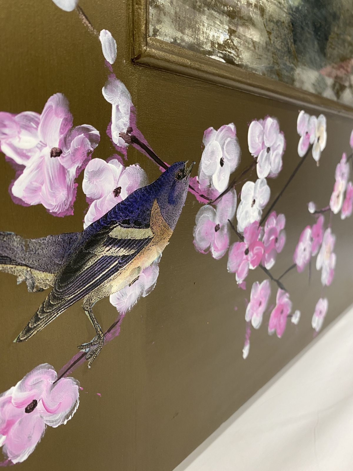 Hand Painted Bronze Chinoiserie Inspired Cherry Blossom Bird Mirror photo Home Decor