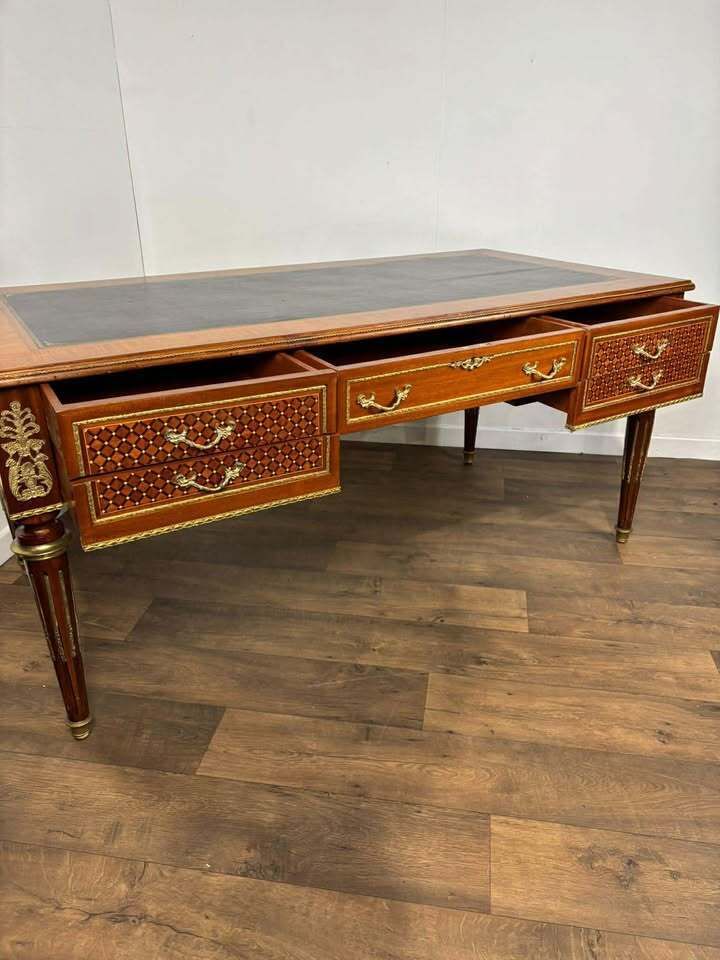 photo for sale Continental Reproduction Walnut Veneered Tooled Inlaid Desk (Style Of Louis XVI)