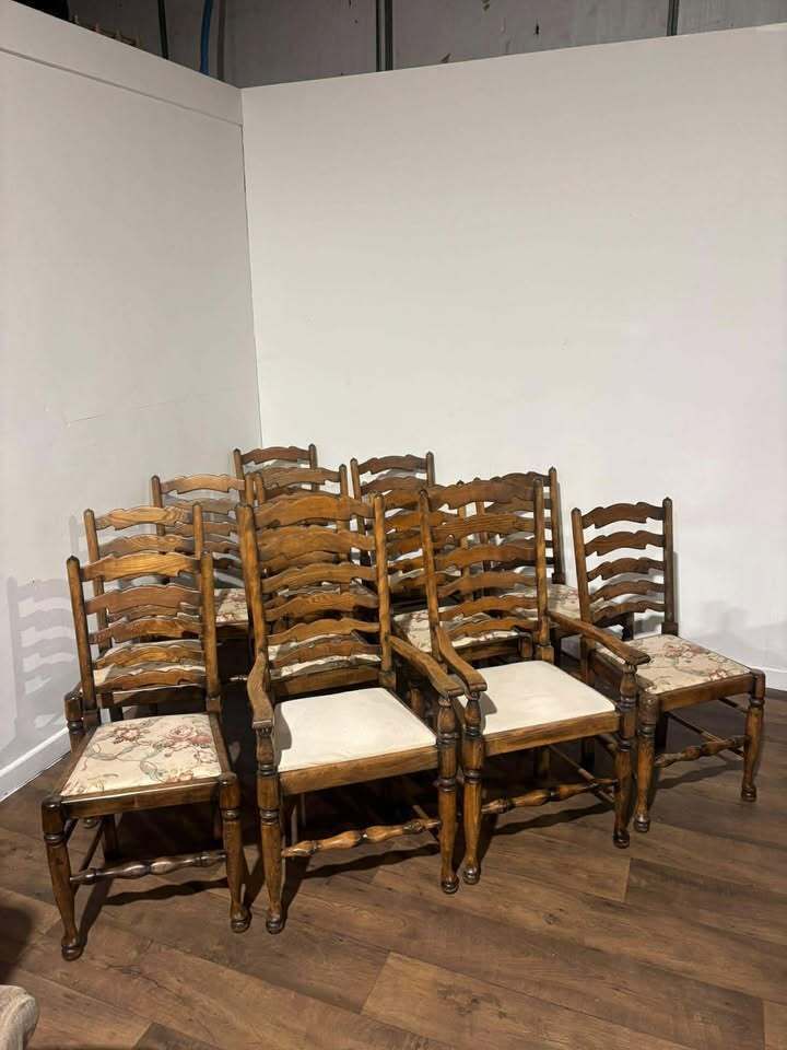 Set Of Twelve Oak Yorkshire Style Ladderback Dining Chairs photo vinterior