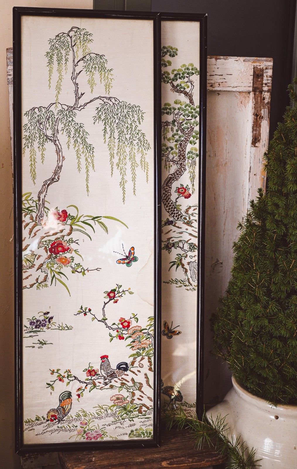 Oriental Art 2 Paintings Canvas Embroidery Peacocks Plum Stream China Japan photo Art