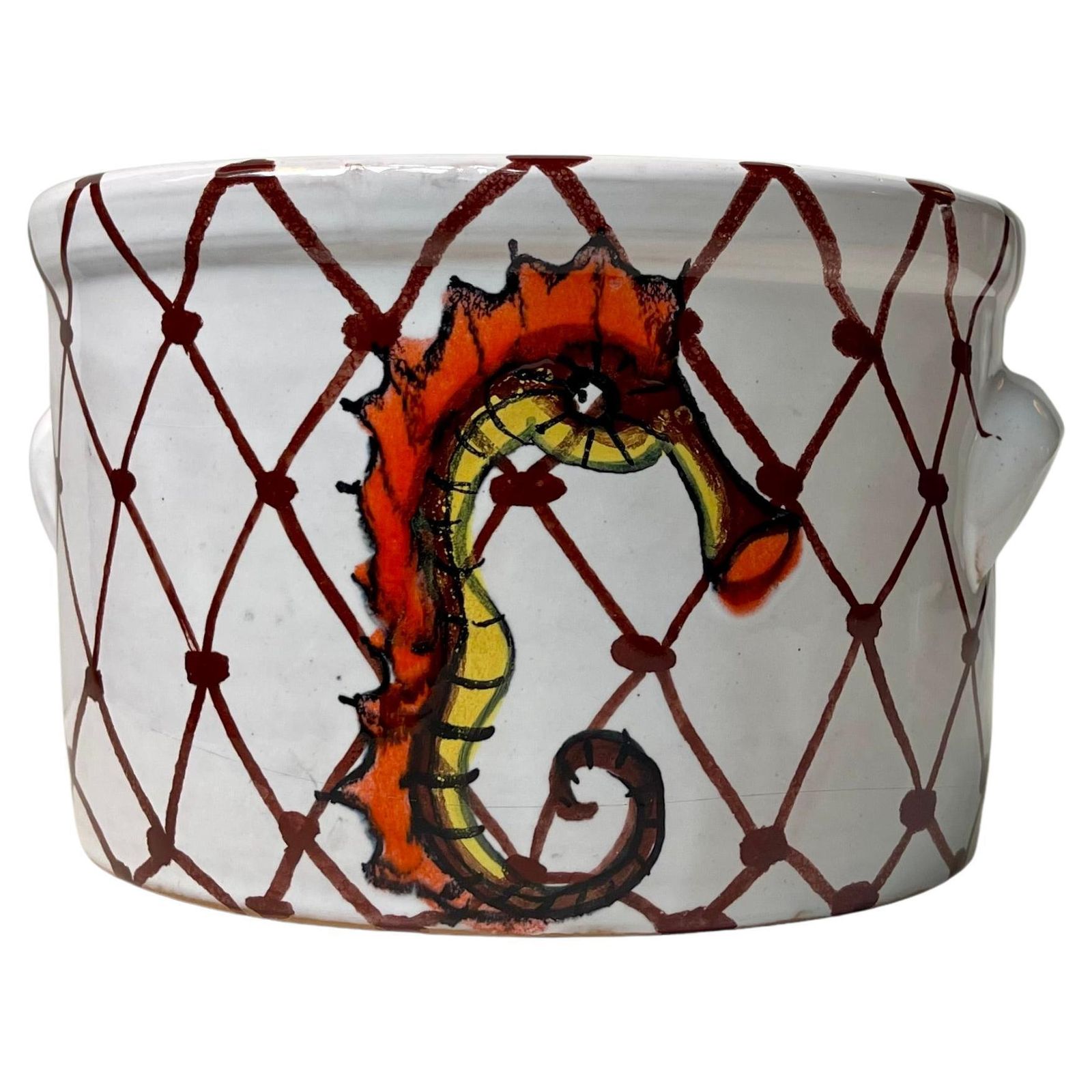 Hand Painted Italian Ceramic Planter W. Seahorse, In The Style Of Guido Gambone