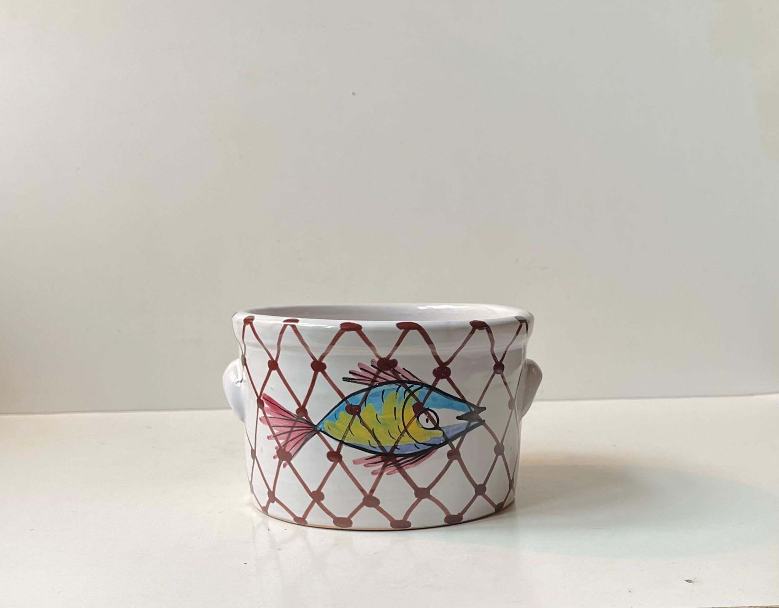 Hand Painted Italian Ceramic Planter W. Seahorse, In The Style Of Guido Gambone photo vintage