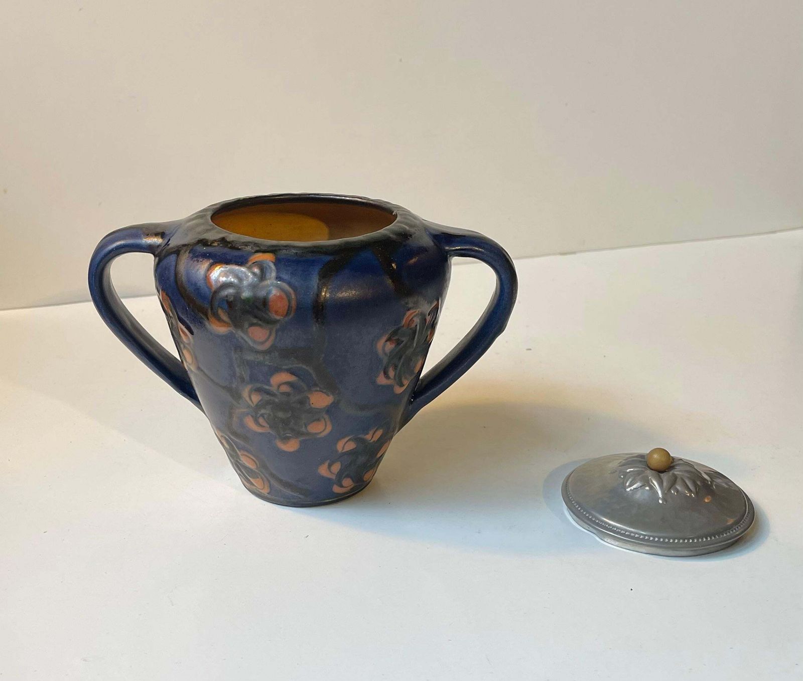 Herman August Kähler Glazed Ceramic Jugendstil Urn With Pewter Lid, 1910s photo vintage