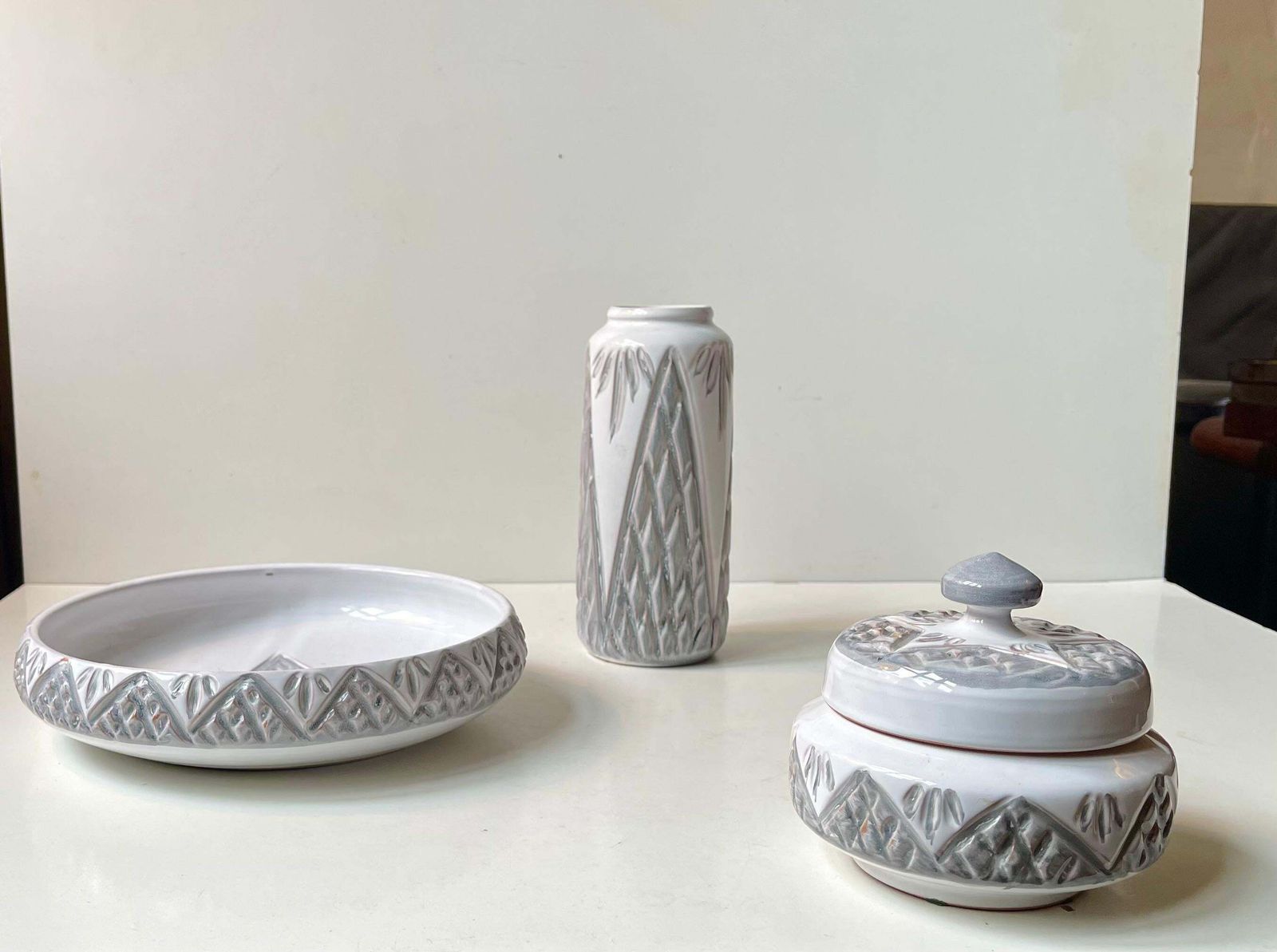 Danish Modern Ceramic Bowl, Trinket And Vase In White & Grey Glaze, 1970s photo furniture
