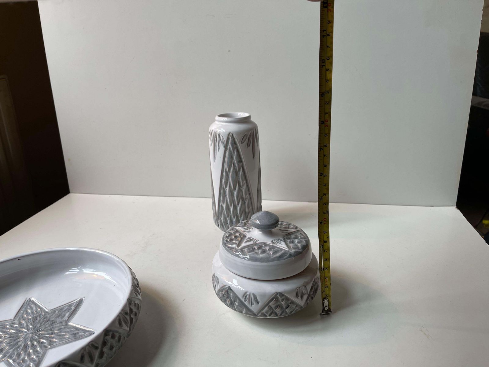 photo for sale Danish Modern Ceramic Bowl, Trinket And Vase In White & Grey Glaze, 1970s