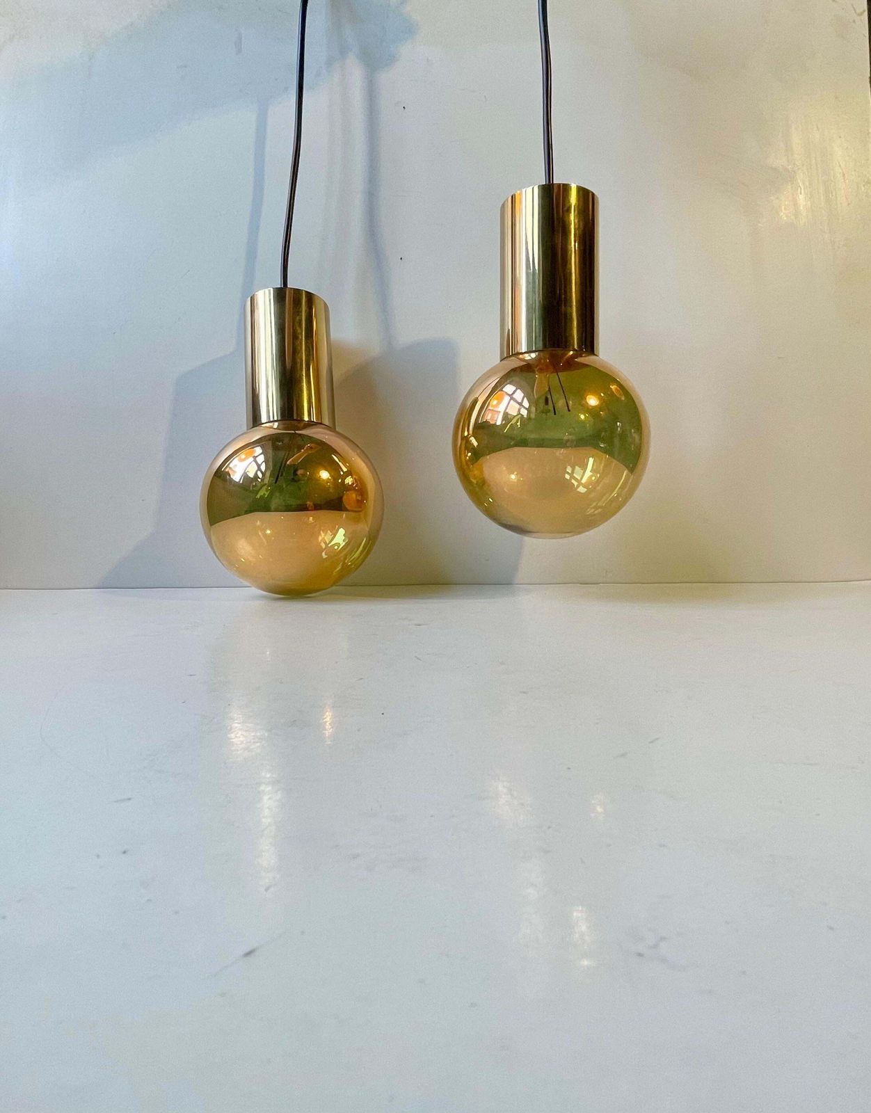 Mid Century Golden Spy Ball Pendant Lamps In Brass By Frimann, 1960s photo buy