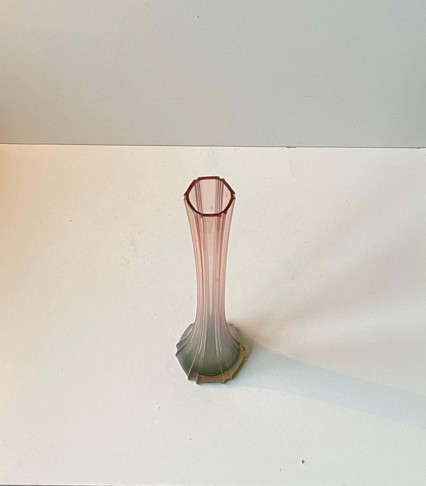 Art Deco Tall French Pink & Green Glass Vase, 1920s photo vinterior
