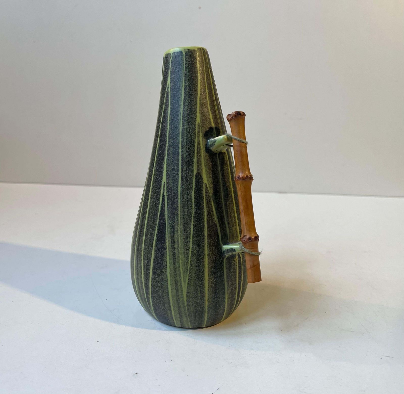 Danish Modern Elisabeth Loholt Ceramic Pumpkin Vase With Bamboo Handle, 1950s photo buy
