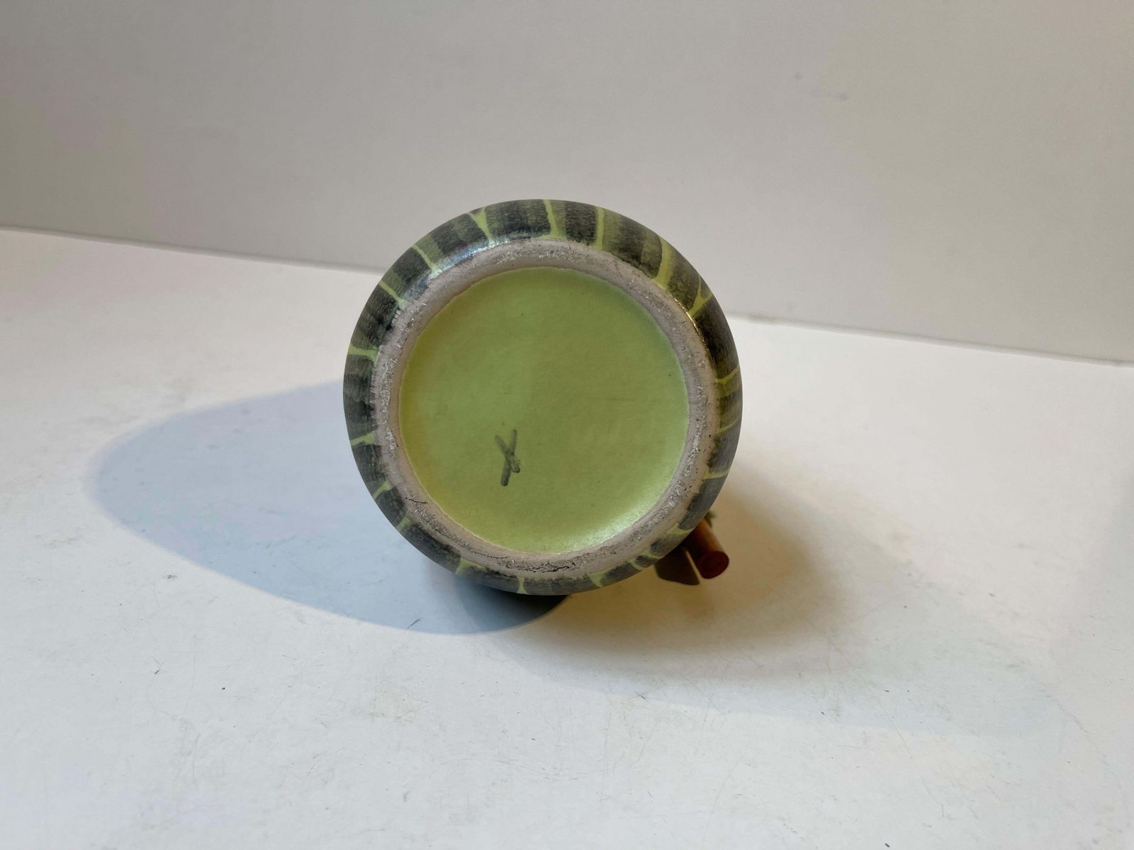 Danish Modern Elisabeth Loholt Ceramic Pumpkin Vase With Bamboo Handle, 1950s photo vintage