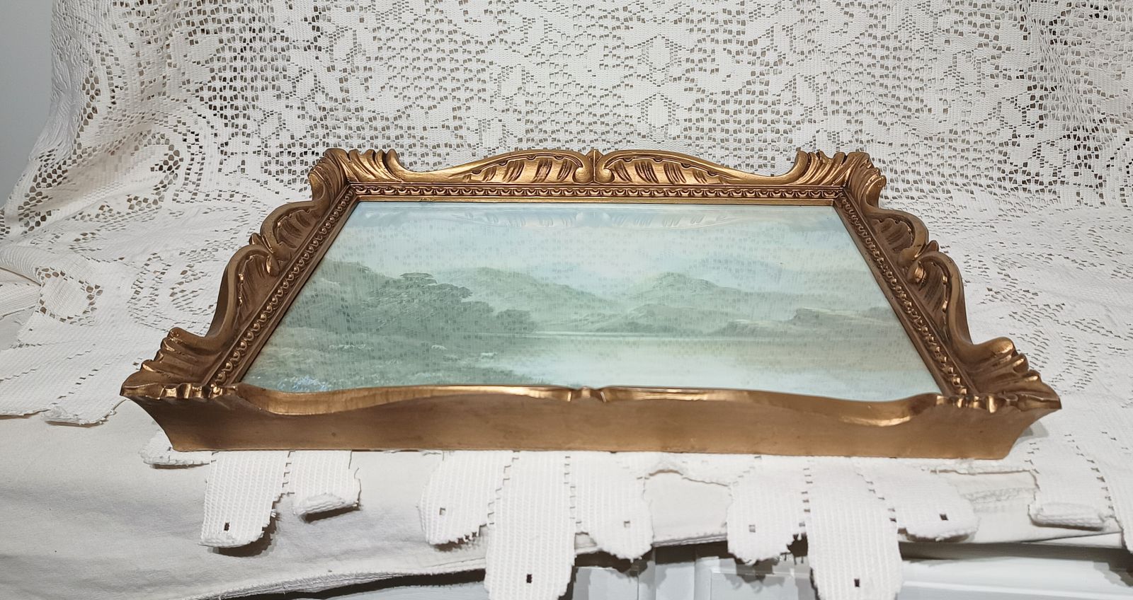 Decorative Vintage Art Print Highland Cattle Mountain Loch Landscape Gold Gild Scroll Frame. photo buy