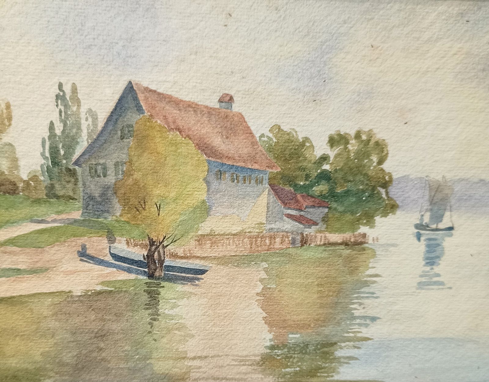 Antique Watercolour Painting, Riverside Cottage And Boats On The River Framed. photo Art