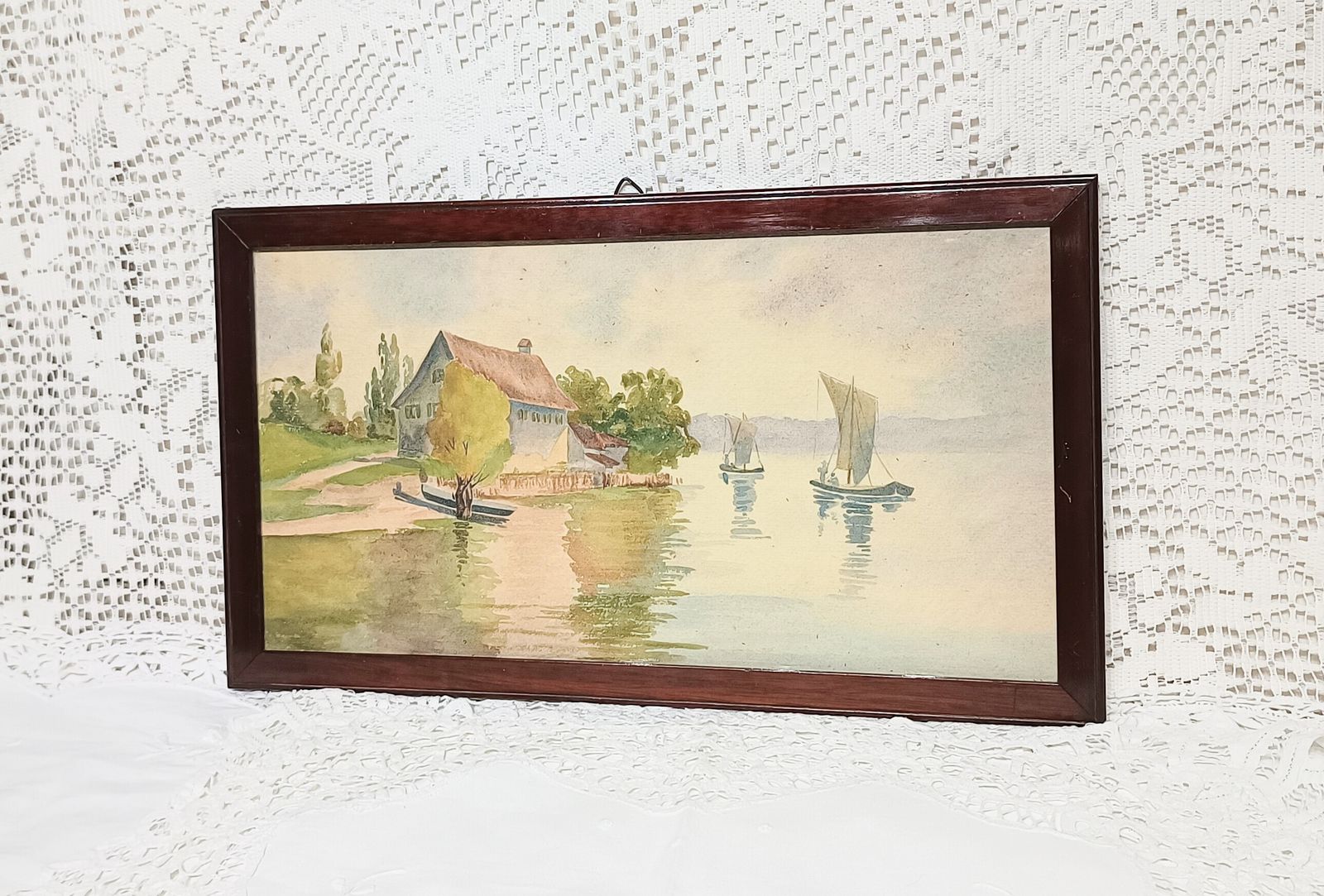 Antique Watercolour Painting, Riverside Cottage And Boats On The River Framed.