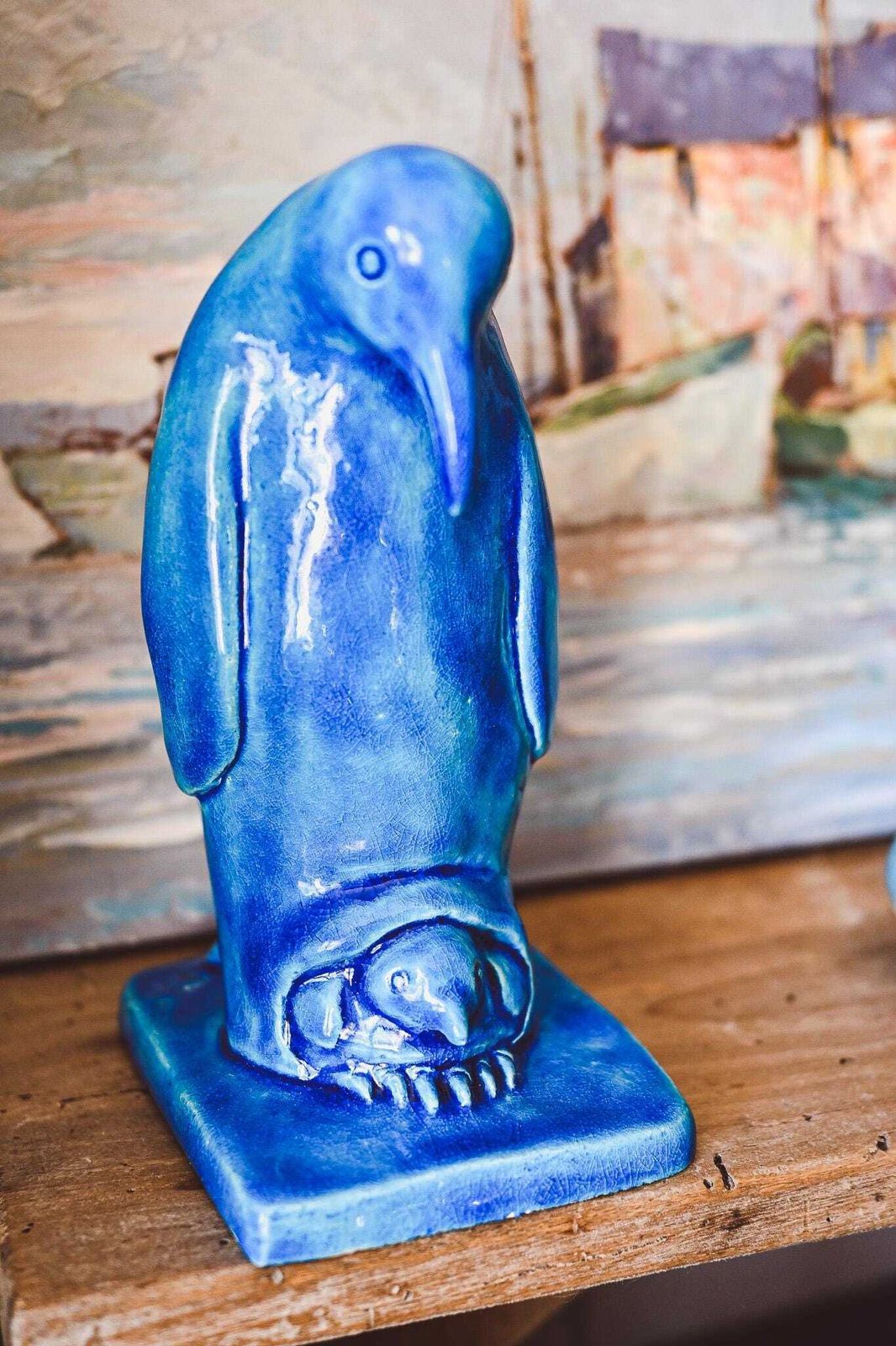 Vintage Blue Ceramic Penguin Figurine   Art Pottery Statue 18cm   Mid Century Bird Sculpture   Signed Artist Piece photo furniture