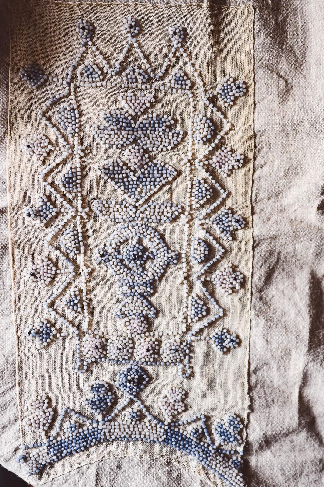 1930s Beaded Embroidery Panel   Blue White Glass Beads On Linen   Antique Folk Art Textile 70x44cm   Handmade Beadwork photo for sale