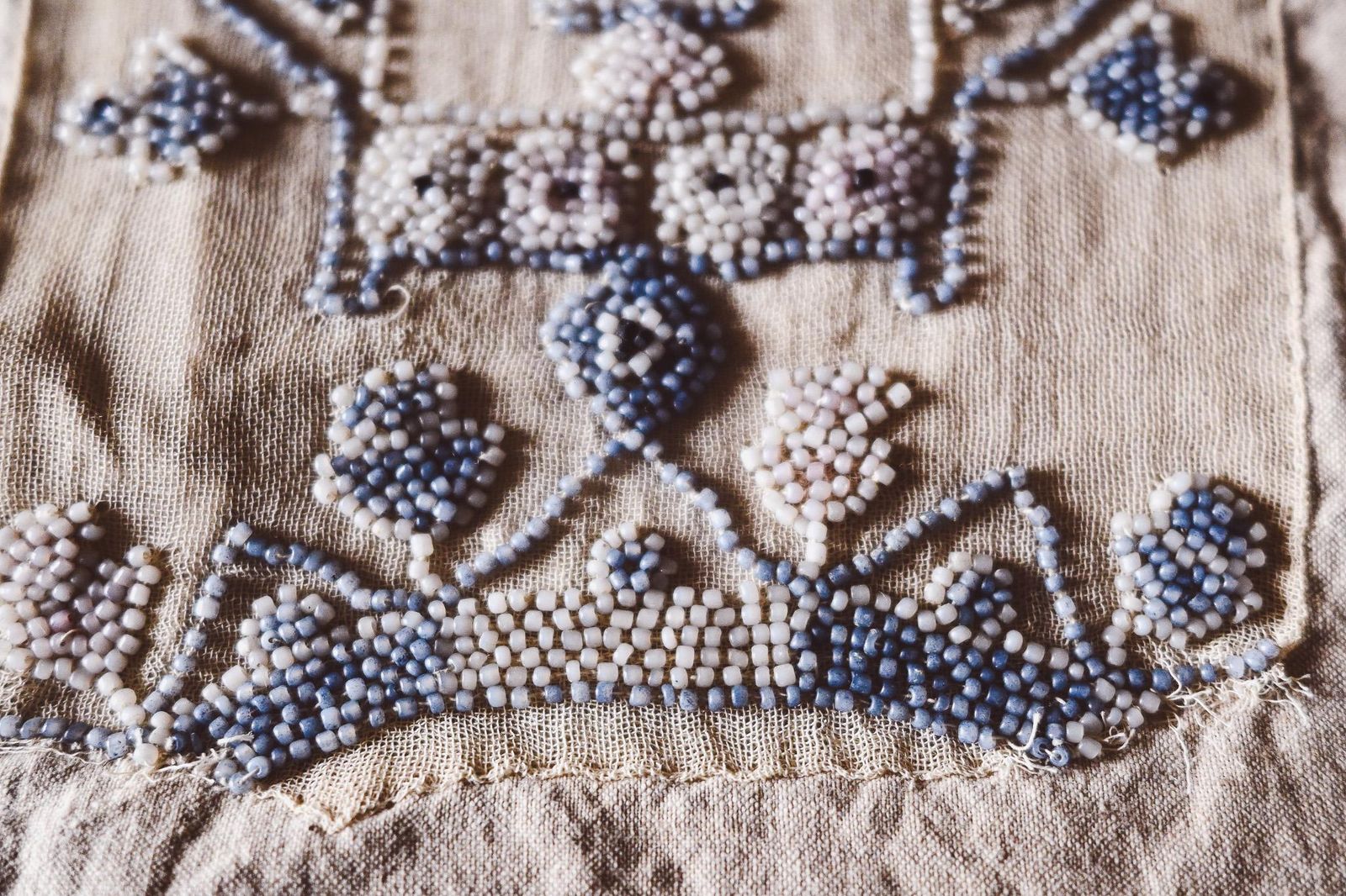 1930s Beaded Embroidery Panel   Blue White Glass Beads On Linen   Antique Folk Art Textile 70x44cm   Handmade Beadwork photo buy
