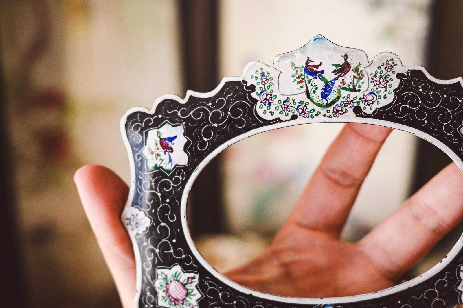 Victorian Enamel Photo Frame Peacock Floral Design | Antique Hand Painted Picture Frame | Black White Enamelware | Collectible 15x12cm photo buy