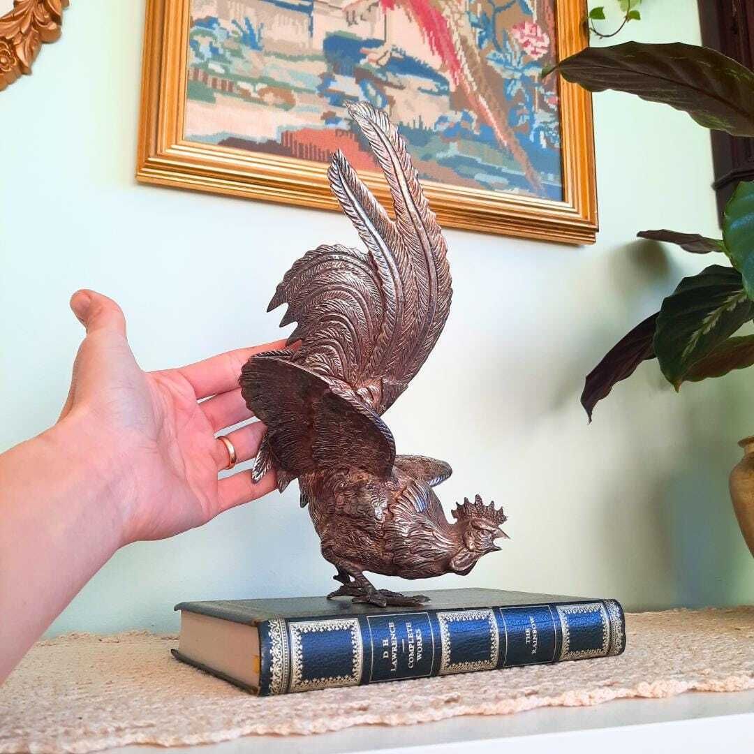 Large Mid Century Italian Silver Tone Metal Cockerel Rooster Statuette
