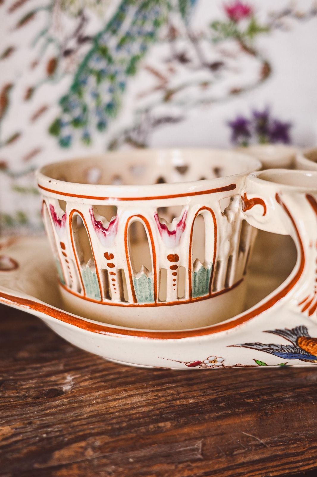 Antique Luneville French Faience Condiment Set | Hand Painted Bird Floral Design | Reticulated Cups Tray | K&G Luneville France photo Home Decor
