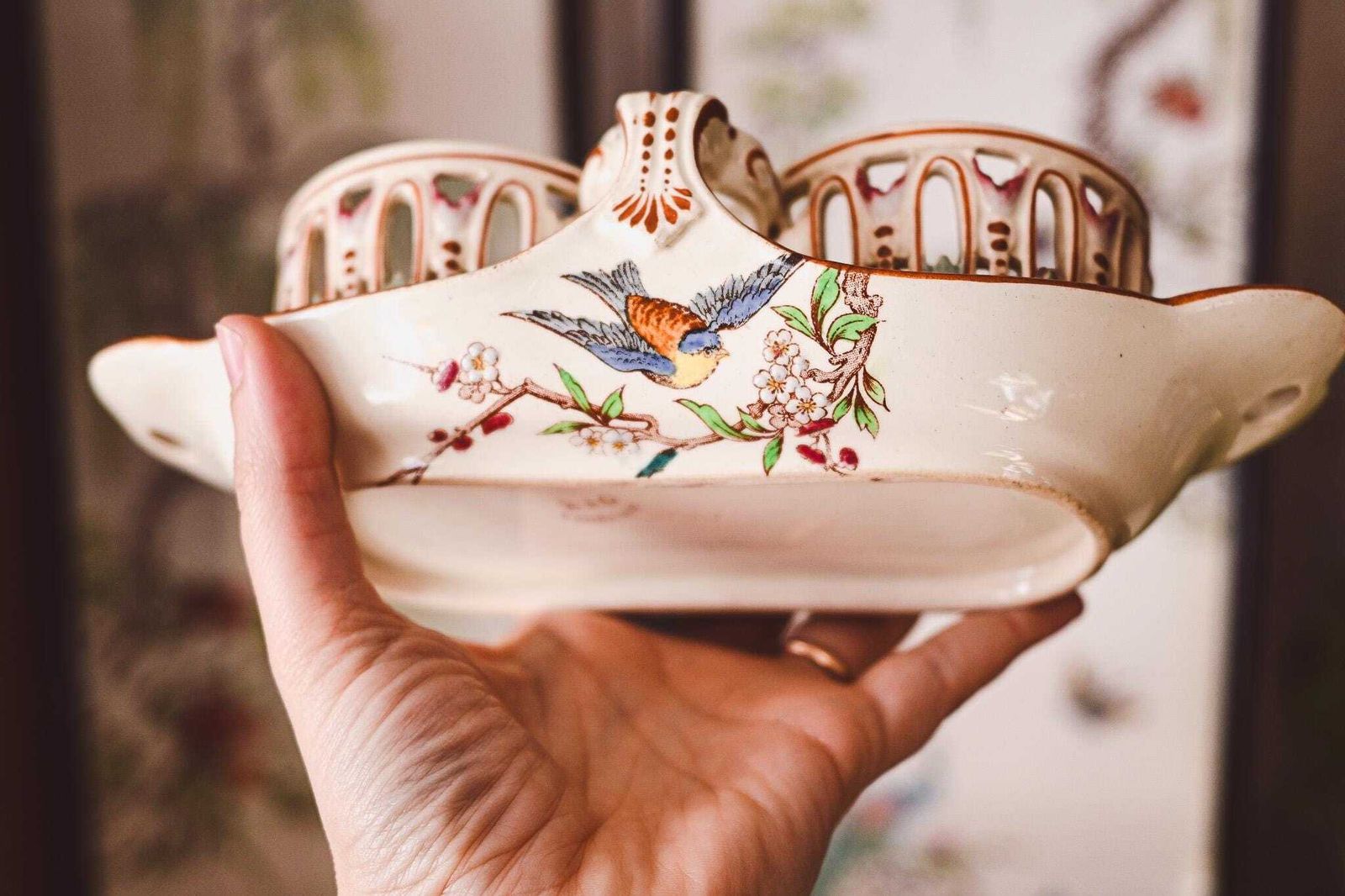 Antique Luneville French Faience Condiment Set | Hand Painted Bird Floral Design | Reticulated Cups Tray | K&G Luneville France photo 119.0