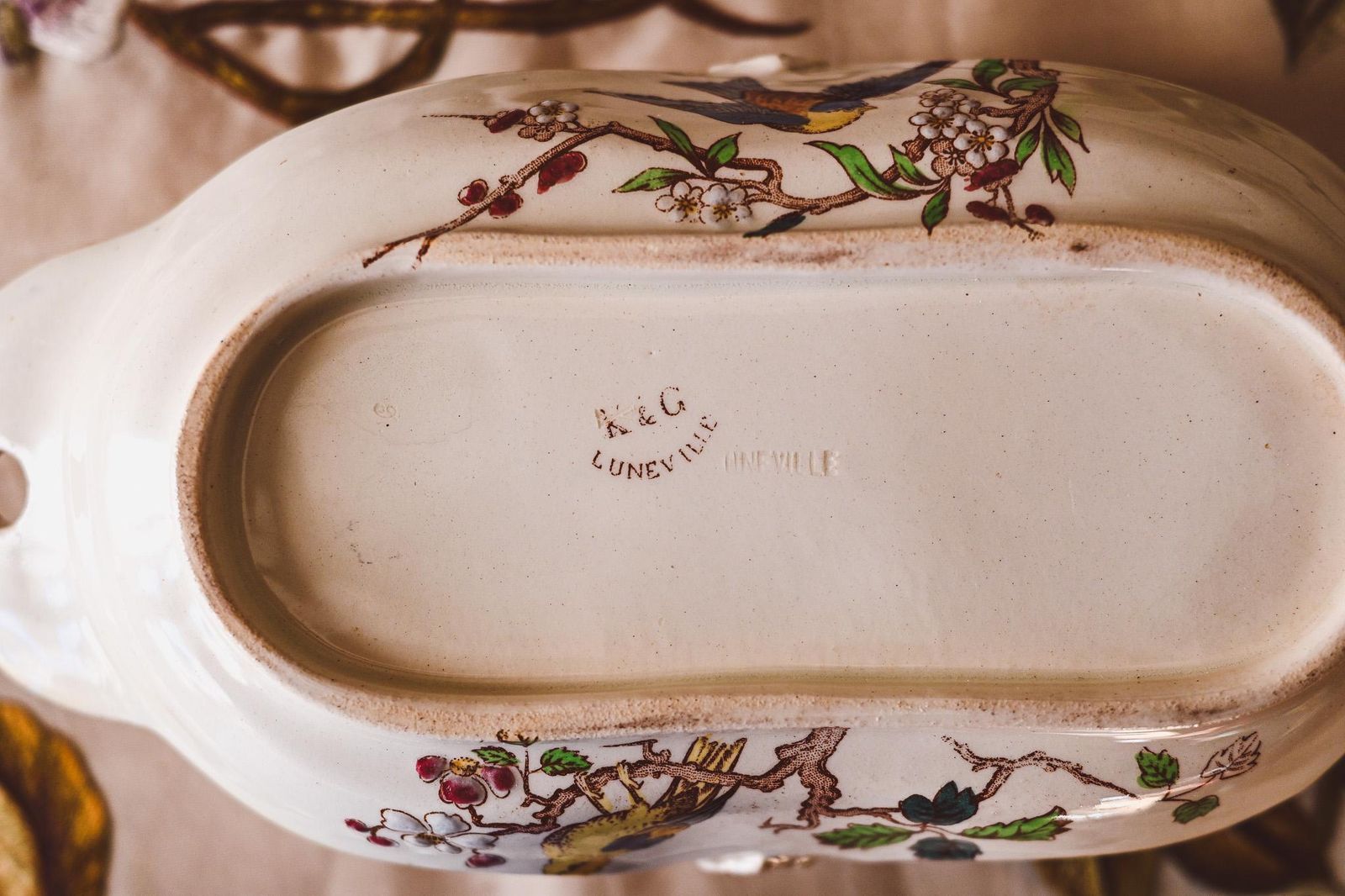 Antique Luneville French Faience Condiment Set | Hand Painted Bird Floral Design | Reticulated Cups Tray | K&G Luneville France photo buy