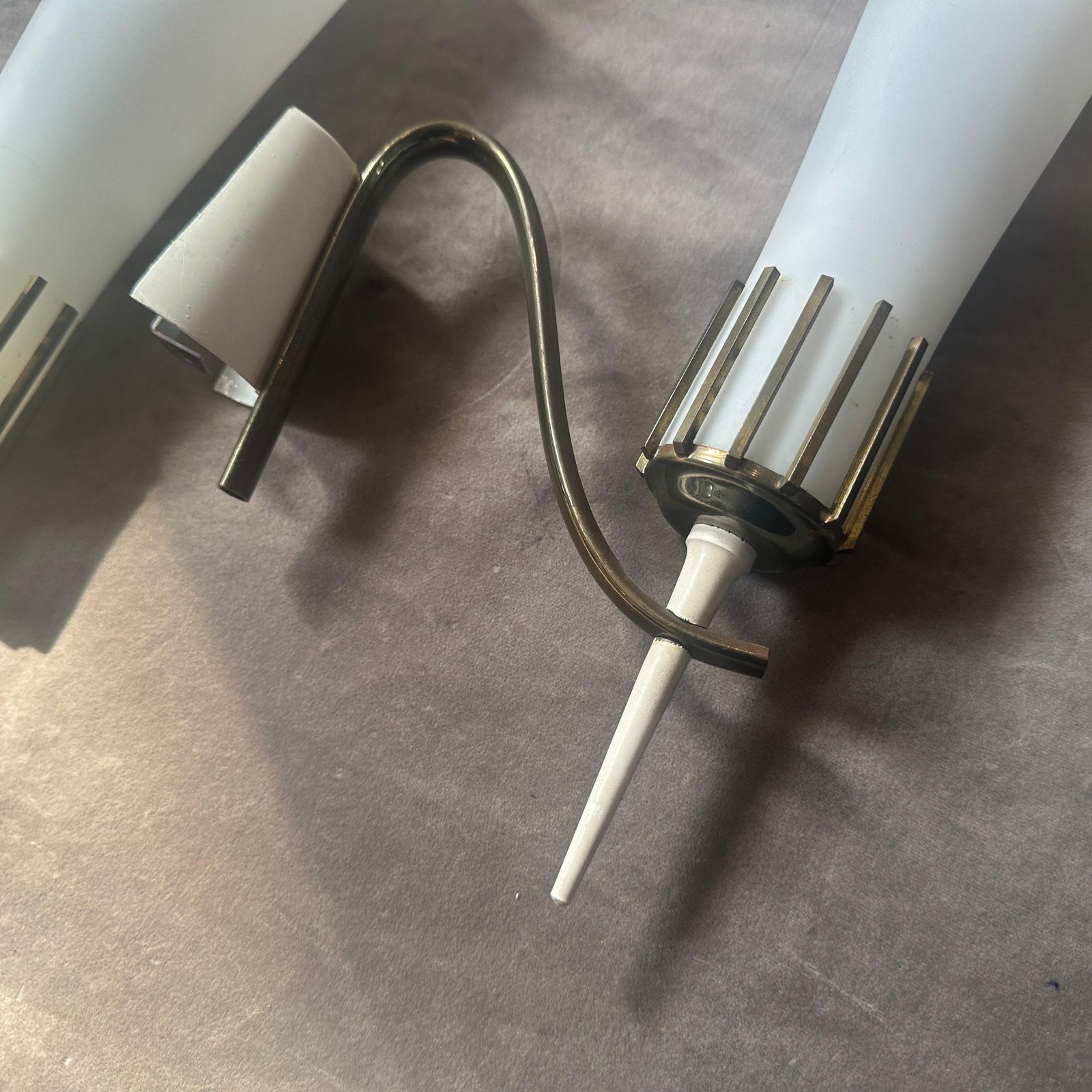 Lighting Two 1950s Stilnovo Style Mid Century Modern Brass And Glass Italian Wall Sconces photo