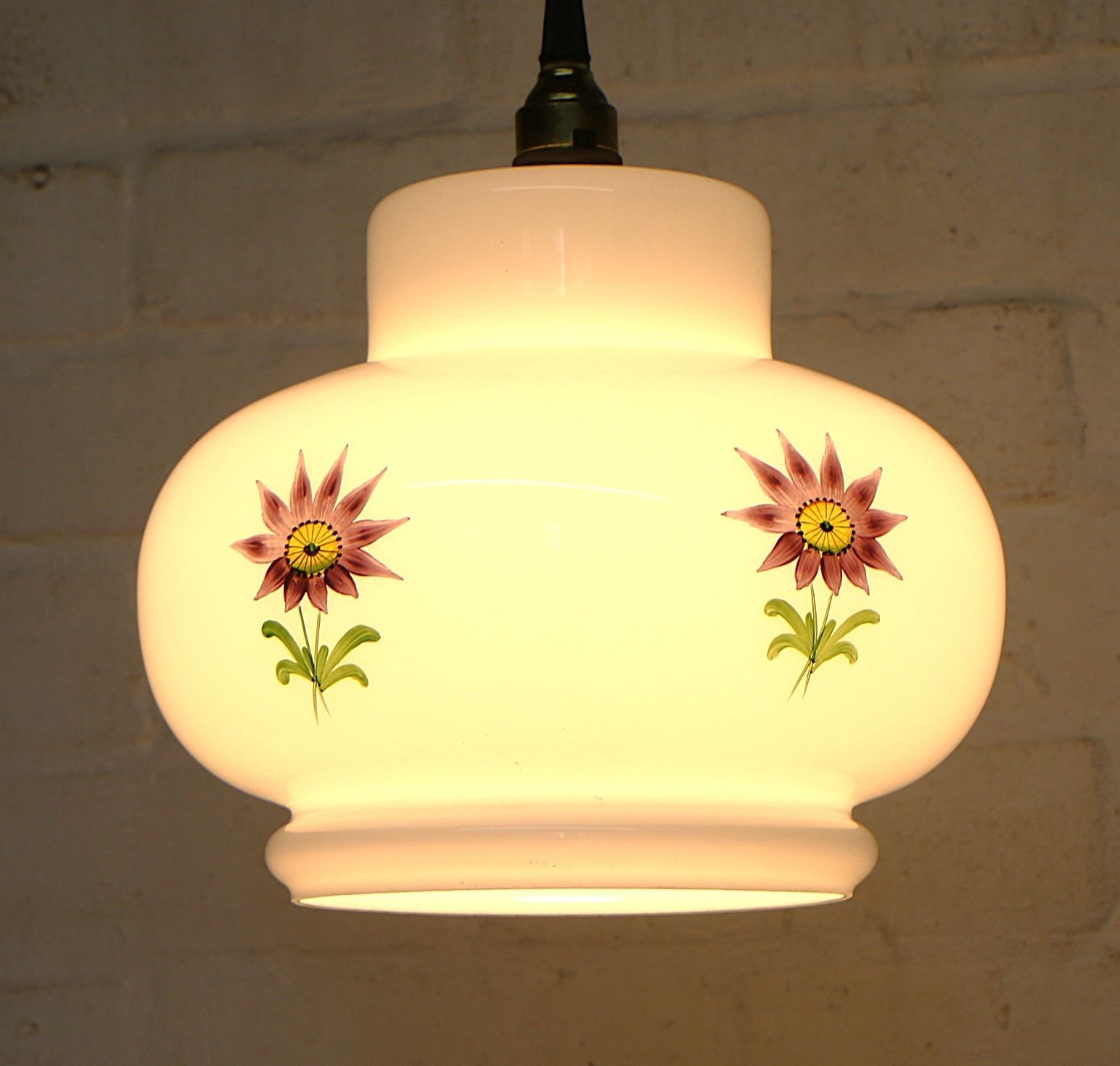 Vintage Lampshade For Ceiling Light Floral Large Milk Glass 1970's Hand Finished