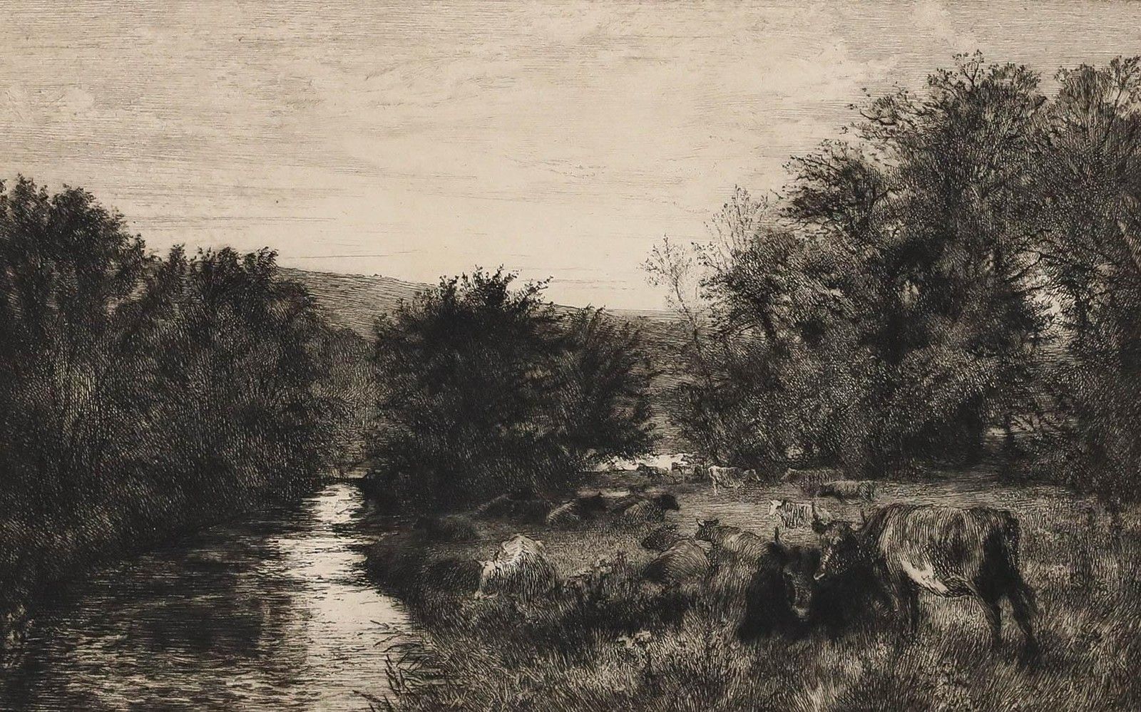 Nathaniel Sparks Re (1880 1956) Early 20th Century Etching, Cows By The River photo furniture