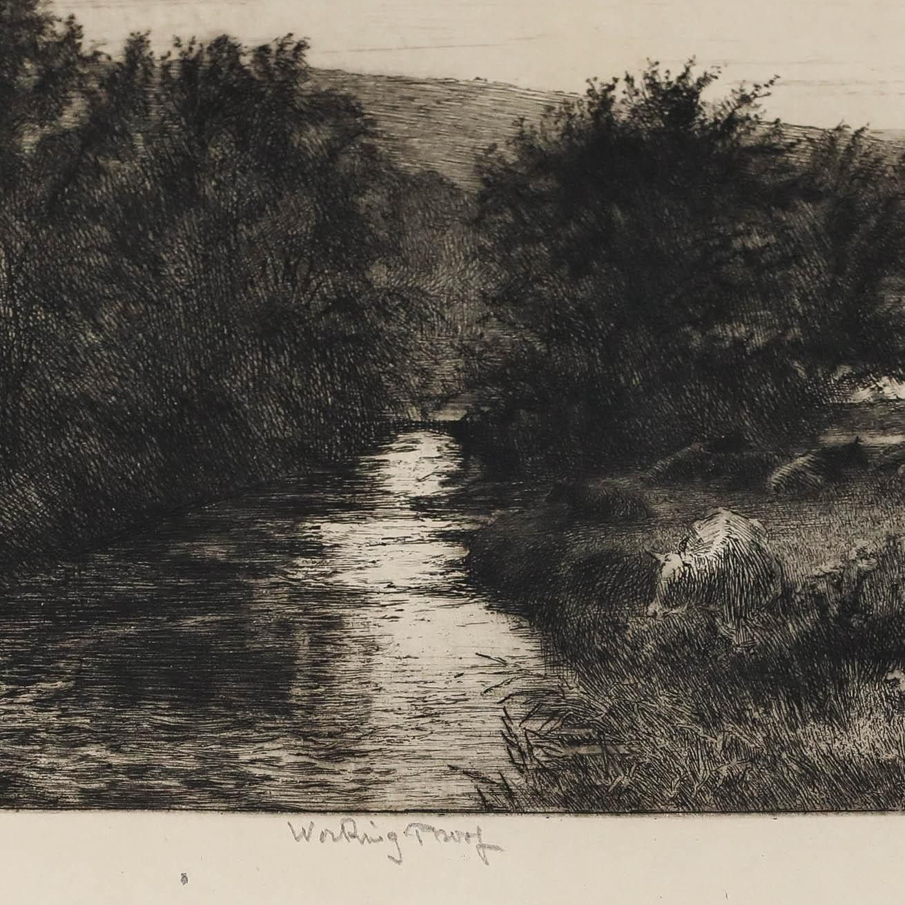 Nathaniel Sparks Re (1880 1956) Early 20th Century Etching, Cows By The River photo for sale